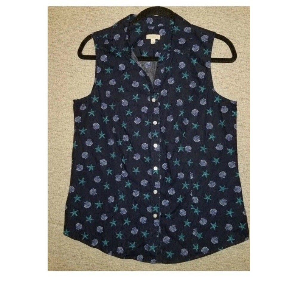 Talbots Button Up Tank Blouse Large Navy Blue Top Nautical Seashell 100% Cotton